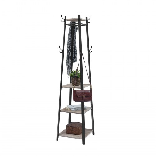 Stumtjener med hylder 3 hylder, kroge, stålramme, industrielt look, greige/sort