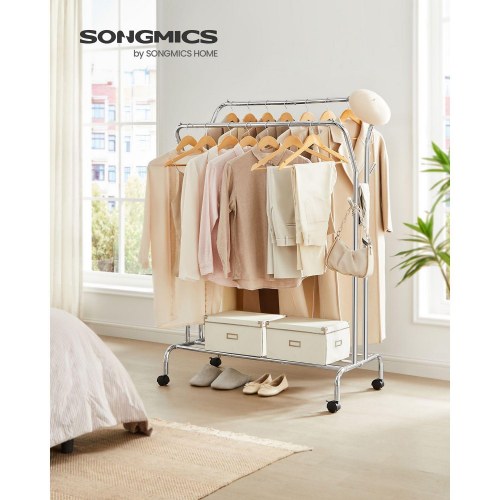 Tøjstativ med hjul dobbelt tøjstang, kraftig metalramme, hylde, sølv 103,5 cm / 100 kg