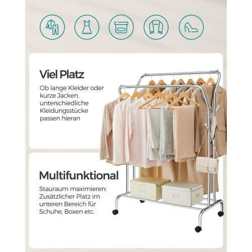 Tøjstativ med hjul dobbelt tøjstang, kraftig metalramme, hylde, sølv 103,5 cm / 100 kg