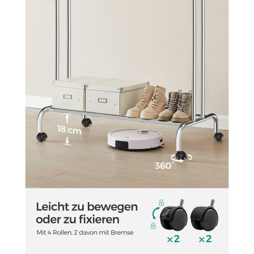 Tøjstativ med hjul dobbelt tøjstang, kraftig metalramme, hylde, sølv 103,5 cm / 100 kg