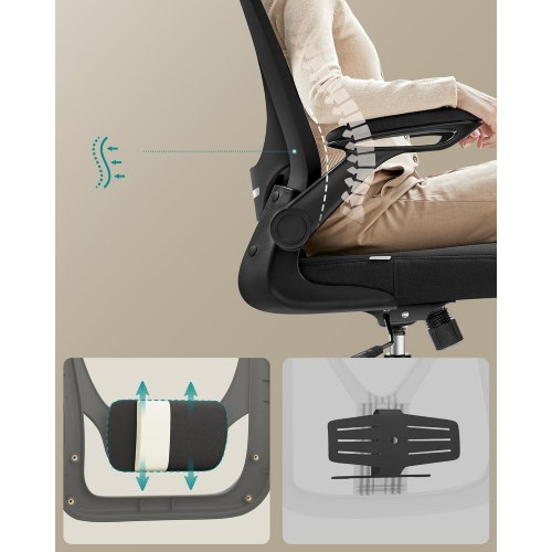 Kontorstol med armlæn – SONGMICS ergonomisk drejestol med net, justerbar lændestøtte og hovedstøtte, gyngfunktion, 53 cm sæde, blæksort