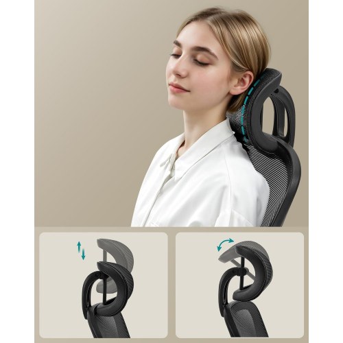 Kontorstol med armlæn – SONGMICS ergonomisk drejestol med net, justerbar lændestøtte og hovedstøtte, gyngfunktion, 53 cm sæde, blæksort