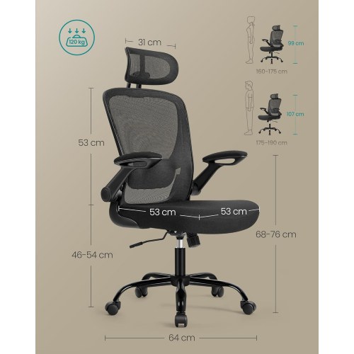 Kontorstol med armlæn – SONGMICS ergonomisk drejestol med net, justerbar lændestøtte og hovedstøtte, gyngfunktion, 53 cm sæde, blæksort
