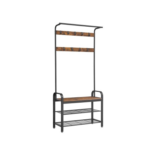 Tøjstativ med skohylde – 4‑i‑1 entrémøbel, rustik brun/sort, 84 × 33,7 × 183 cm