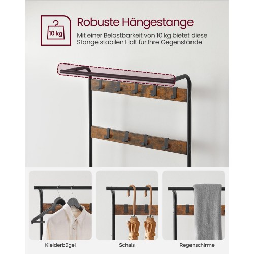 Tøjstativ med skohylde – 4‑i‑1 entrémøbel, rustik brun/sort, 84 × 33,7 × 183 cm