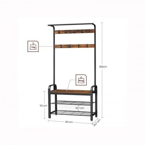 Tøjstativ med skohylde – 4‑i‑1 entrémøbel, rustik brun/sort, 84 × 33,7 × 183 cm