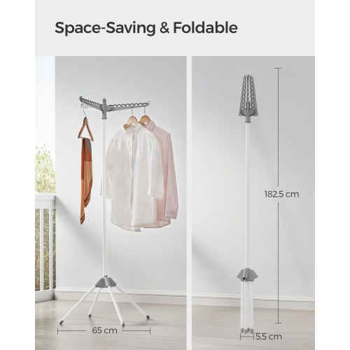 Tørrestativ til tøj foldbart stativ med 3 roterbare arme, 4 ben, rustfrit stål, 150 cm, grå/hvid
