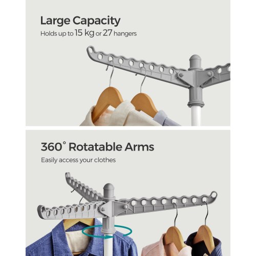 Tørrestativ til tøj foldbart stativ med 3 roterbare arme, 4 ben, rustfrit stål, 150 cm, grå/hvid