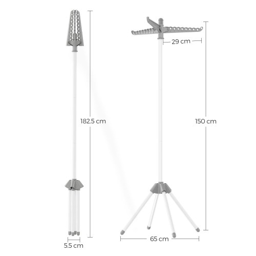 Tørrestativ til tøj foldbart stativ med 3 roterbare arme, 4 ben, rustfrit stål, 150 cm, grå/hvid