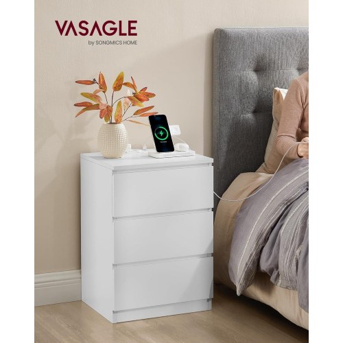 Sengeborde med opladning sæt á 2, 3 skuffer, skrå kant, 2 AC-udtag & 2 USB-porte, moderne, cloud hvid
