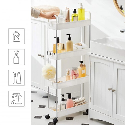 Rullebord til opbevaring smalt 4-etagers køkken-/badeværelsesvogn, 40 × 13,5 × 93 cm, hvid