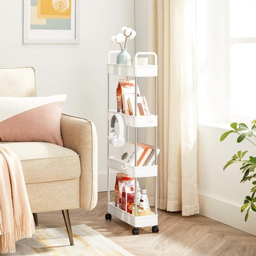Rullebord til opbevaring smalt 4-etagers køkken-/badeværelsesvogn, 40 × 13,5 × 93 cm, hvid