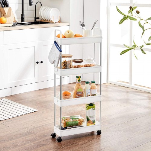 Rullebord til opbevaring smalt 4-etagers køkken-/badeværelsesvogn, 40 × 13,5 × 93 cm, hvid