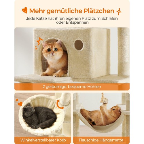 Klatretræ til kat Feandrea, XXL kradsetræ 206 cm, 13 kradsepæle, 2 platforme, 2 huler, hængekøje og kurv, beige