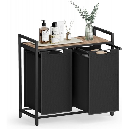 Vasketøjskurv med 2 rum – VASAGLE, udtrækbare poser, hylde, metalstel, 2 × 46 l, 73 × 33 × 72 cm, kamelbrun/sort