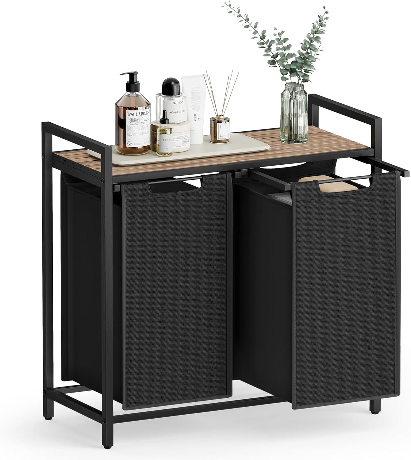 Vasketøjskurv med 2 rum – VASAGLE, udtrækbare poser, hylde, metalstel, 2 × 46 l, 73 × 33 × 72 cm, kamelbrun/sort