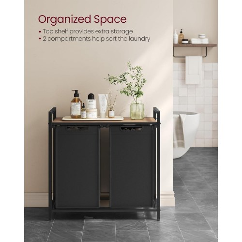 Vasketøjskurv med 2 rum – VASAGLE, udtrækbare poser, hylde, metalstel, 2 × 46 l, 73 × 33 × 72 cm, kamelbrun/sort