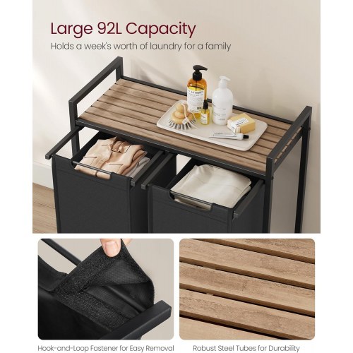 Vasketøjskurv med 2 rum – VASAGLE, udtrækbare poser, hylde, metalstel, 2 × 46 l, 73 × 33 × 72 cm, kamelbrun/sort