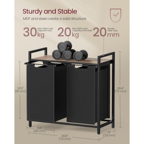 Vasketøjskurv med 2 rum – VASAGLE, udtrækbare poser, hylde, metalstel, 2 × 46 l, 73 × 33 × 72 cm, kamelbrun/sort