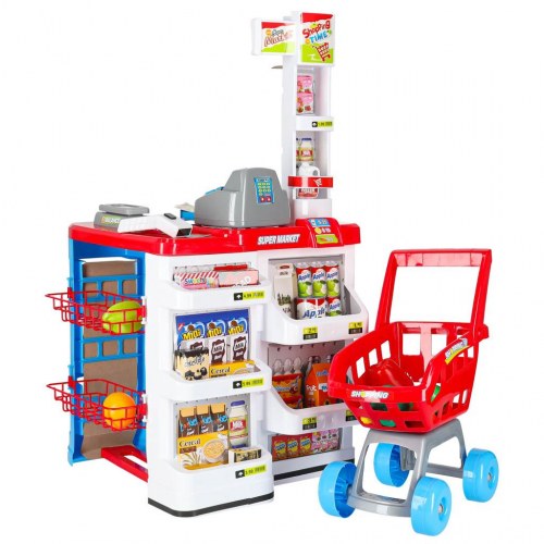 Legetøjssupermarked med kasseapparat og indkøbsvogn – model 2