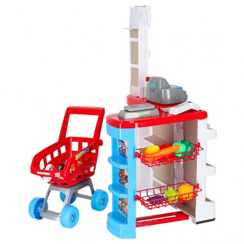 Legetøjssupermarked med kasseapparat og indkøbsvogn – model 2