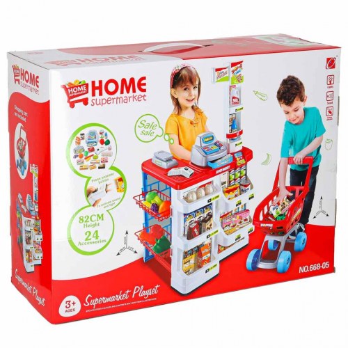 Legetøjssupermarked med kasseapparat og indkøbsvogn – model 2