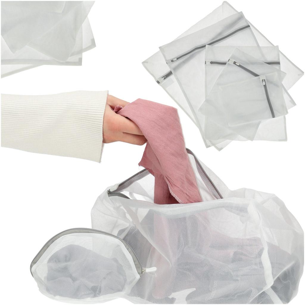 Vaskeposer til tøj - sæt med 9 stk., hvid polyester, lynlås