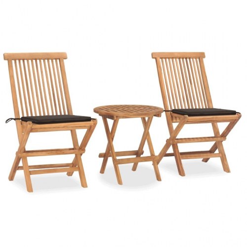 Udendørs spisebordssæt i teak - 3 dele, foldbart med gråbrune hynder
