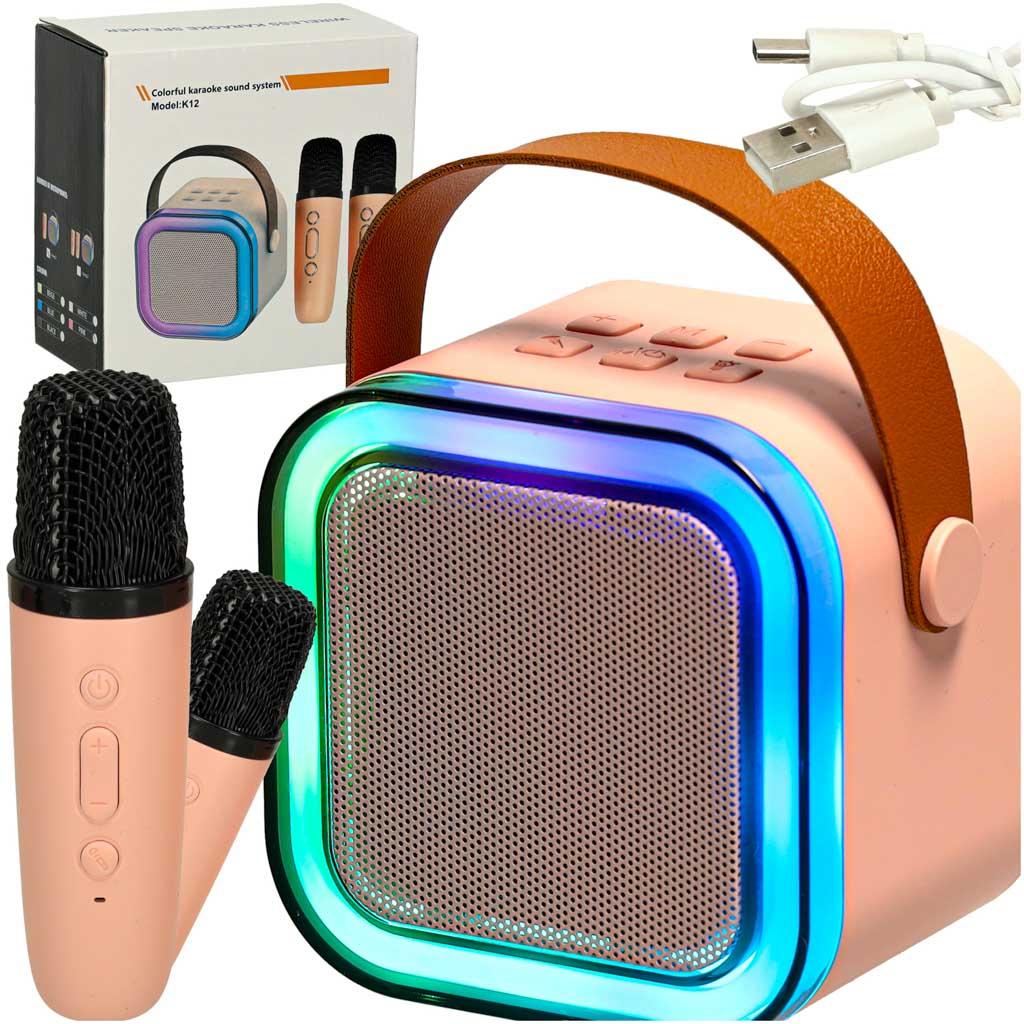 Karaokeanlæg med Bluetooth - 2 mikrofoner + bærbar højttaler, USB, LED, pink