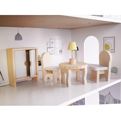 Dukkehus i træ med møbler 70 cm – grå