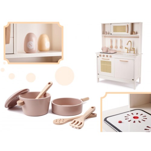 Legekøkken i træ med retro look og boho tilbehør – MDF, lys og lyd