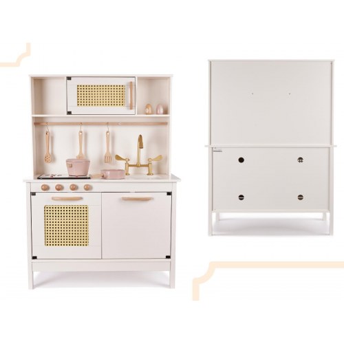 Legekøkken i træ med retro look og boho tilbehør – MDF, lys og lyd