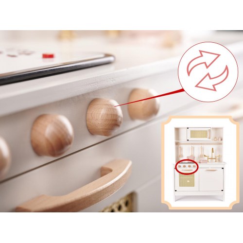 Legekøkken i træ med retro look og boho tilbehør – MDF, lys og lyd