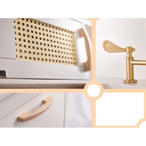 Legekøkken i træ med retro look og boho tilbehør – MDF, lys og lyd