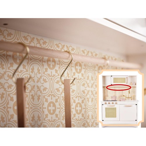 Legekøkken i træ med retro look og boho tilbehør – MDF, lys og lyd