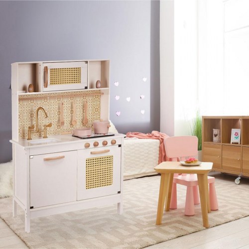 Legekøkken i træ med retro look og boho tilbehør – MDF, lys og lyd