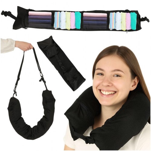 Rejsehovedpude med opbevaringsrum – justerbar nakkestøtte, 80 cm, sort