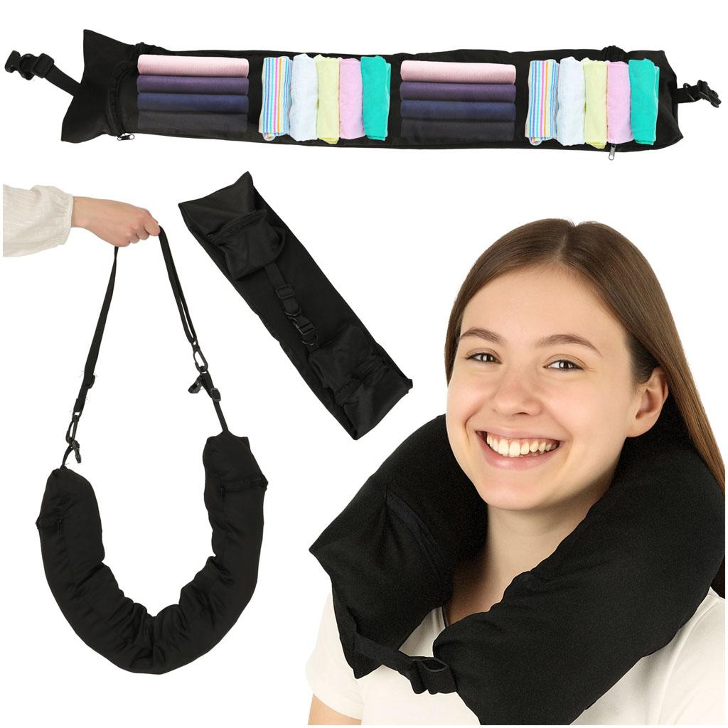 Rejsehovedpude med opbevaringsrum – justerbar nakkestøtte, 80 cm, sort