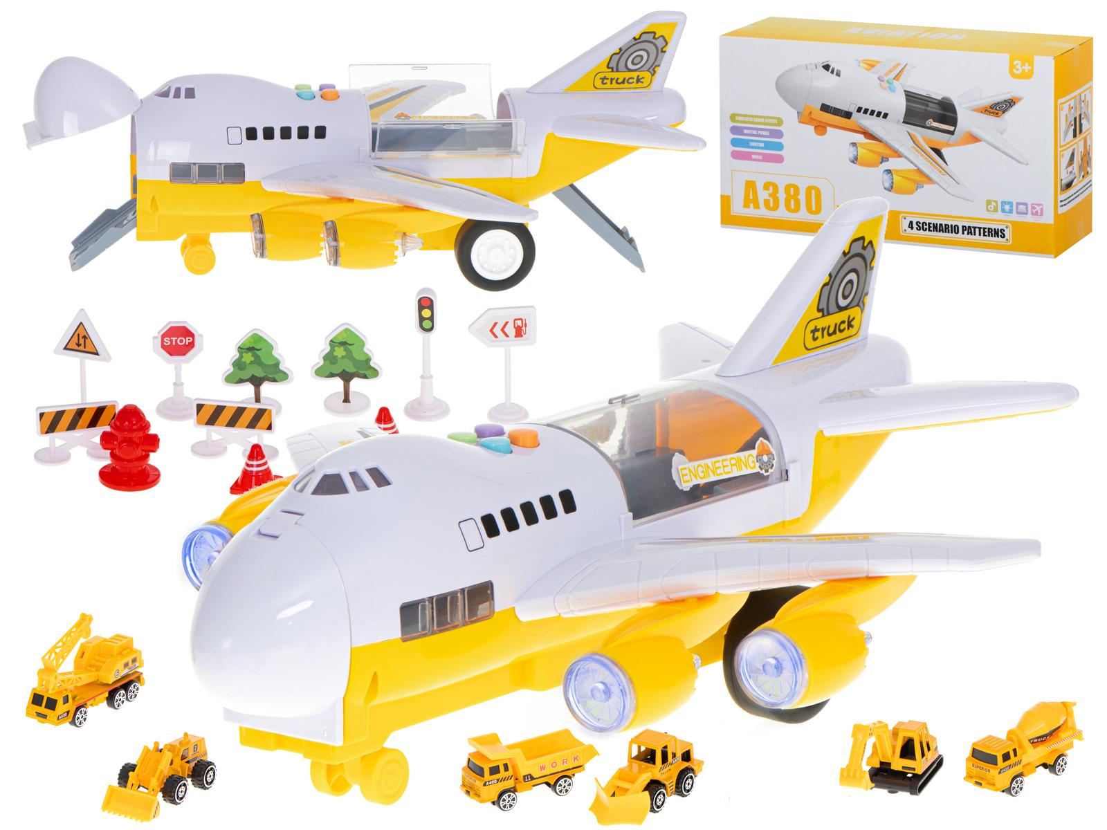 Legetøjsfly transporter med 6 byggemaskiner - side/front