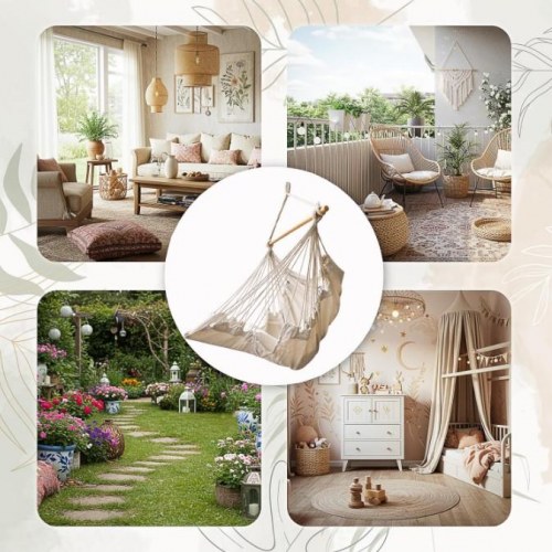 Hængekøje-stol med fodstøtte – boho loungestol 130 cm, beige