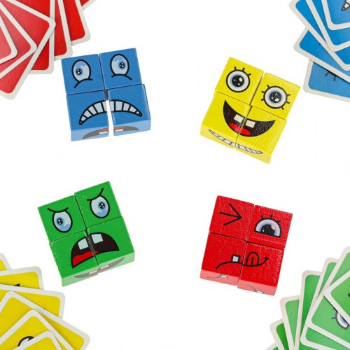 Puslespil med skiftende ansigter – kreative klodser og kort (64 kort, 16 klodser)