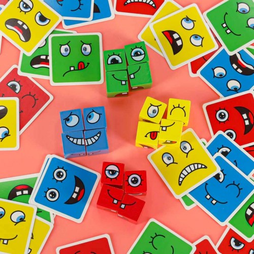 Puslespil med skiftende ansigter – kreative klodser og kort (64 kort, 16 klodser)