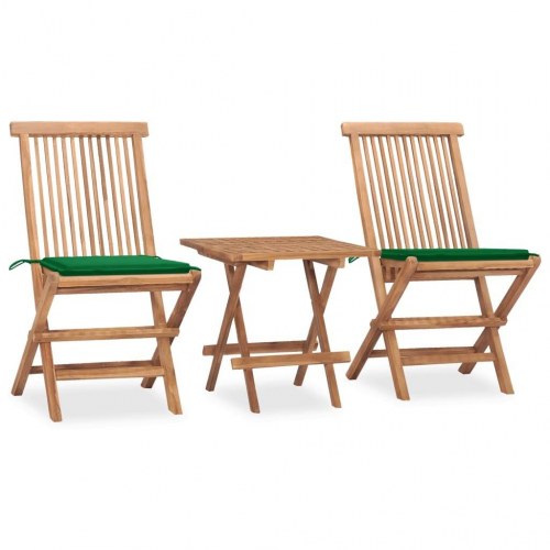 Udendørs spisebordssæt i teak - 3 dele, foldbart med grønne hynder