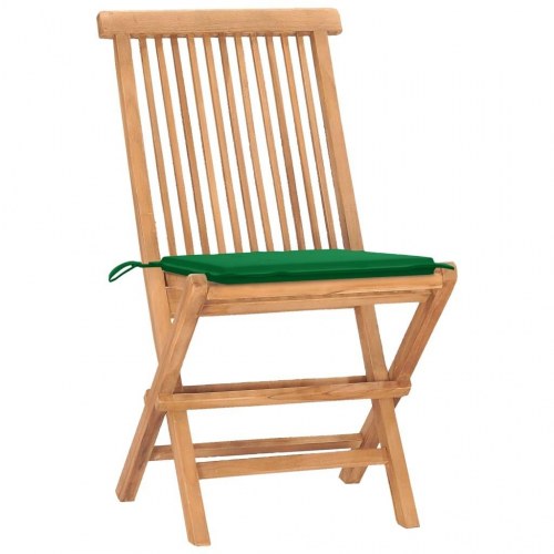 Udendørs spisebordssæt i teak - 3 dele, foldbart med grønne hynder
