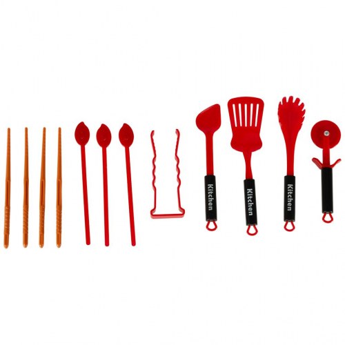 Legetøjskøkken – sæt med gryder, service og tilbehør, 35 dele (rød)