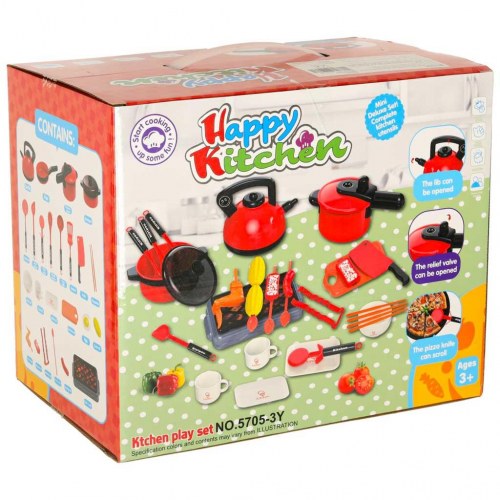 Legetøjskøkken – sæt med gryder, service og tilbehør, 35 dele (rød)