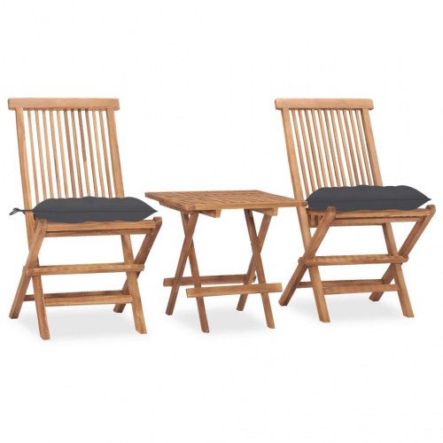 Udendørs spisebordssæt i teak - 3 dele, foldbart med antracitgrå hynder