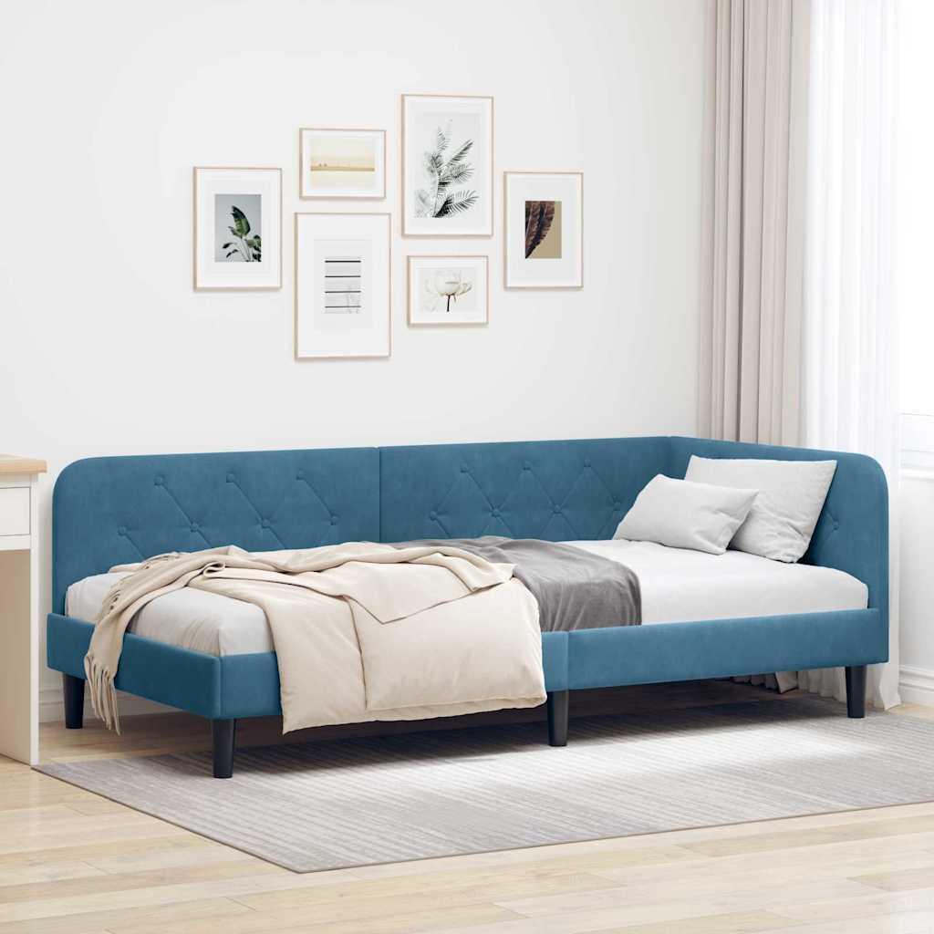 Hjørnesengramme med hovedgærde Blå 90 x 200 cm Fløjl