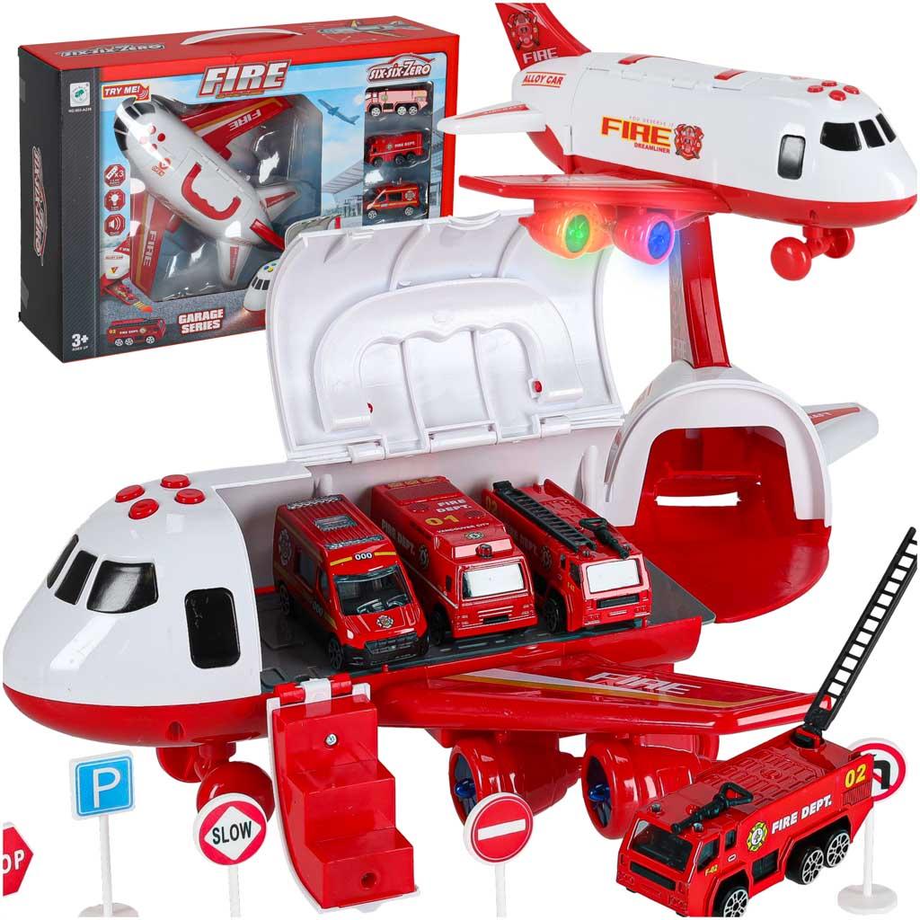 Legetøjsfly med brandvæsen – transporterfly + 3 biler og vejskilte