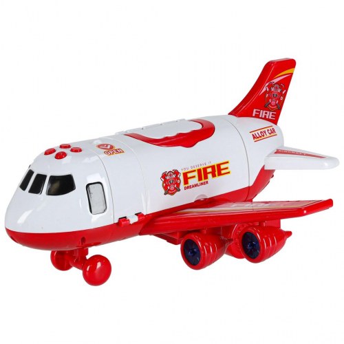 Legetøjsfly med brandvæsen – transporterfly + 3 biler og vejskilte